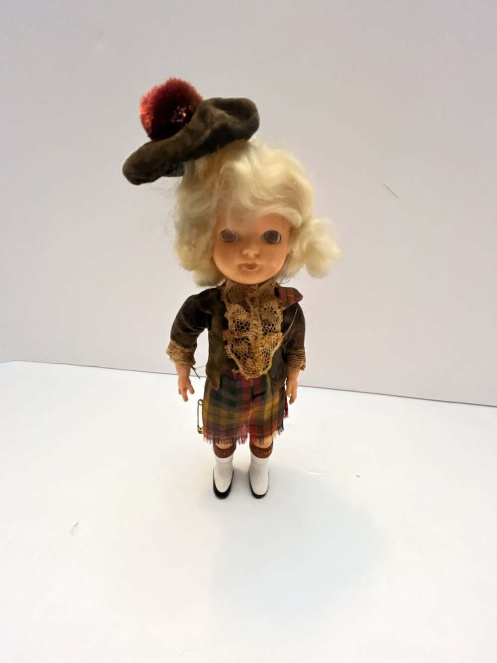 Vintage Scottish Souvenir Girl Doll in Tartan Kilt and Beret with Sleep Eyes